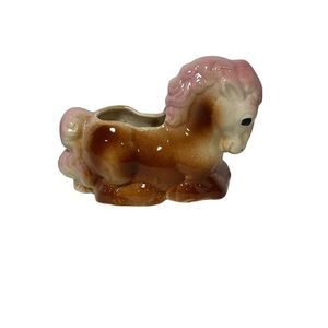 Vintage Ceramic Pony Horse Planter Adorable Brown Pink Crazing Kitsch Decor